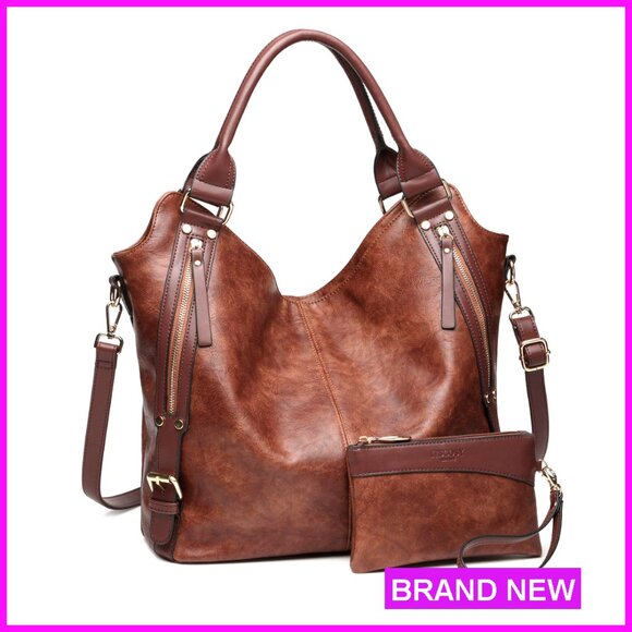 PU Leather Hobo Tote Bag with Adjustable Strap Multi-Pocket Organizer